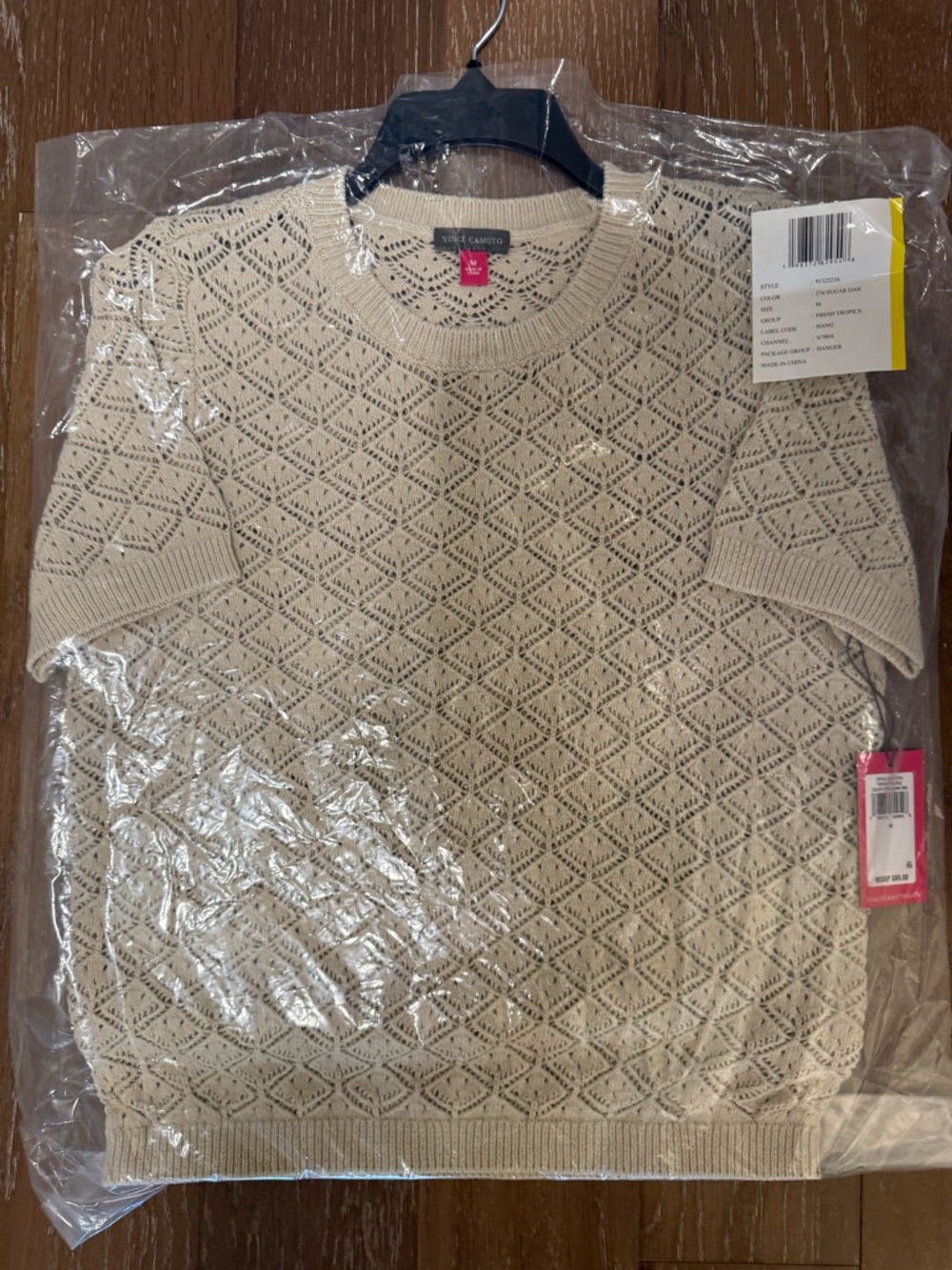 Vince Camuto Cream Open-Knit Short Sleeve Crop Top